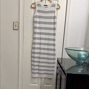 Sleeveless White & Gray Striped Knit Maxi Dress